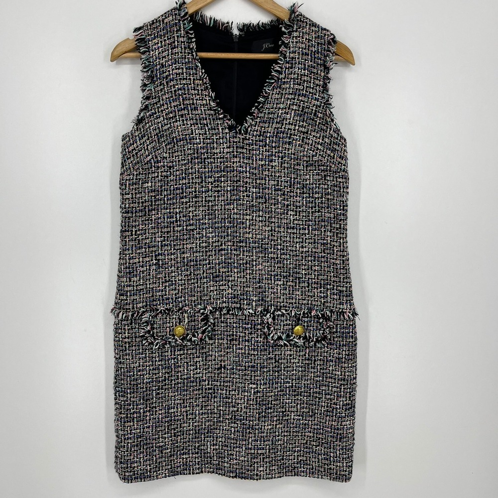J.Crew Womens Multi Color Tweed Fringe V-Neck Shift Dress Gold Buttons Size 2